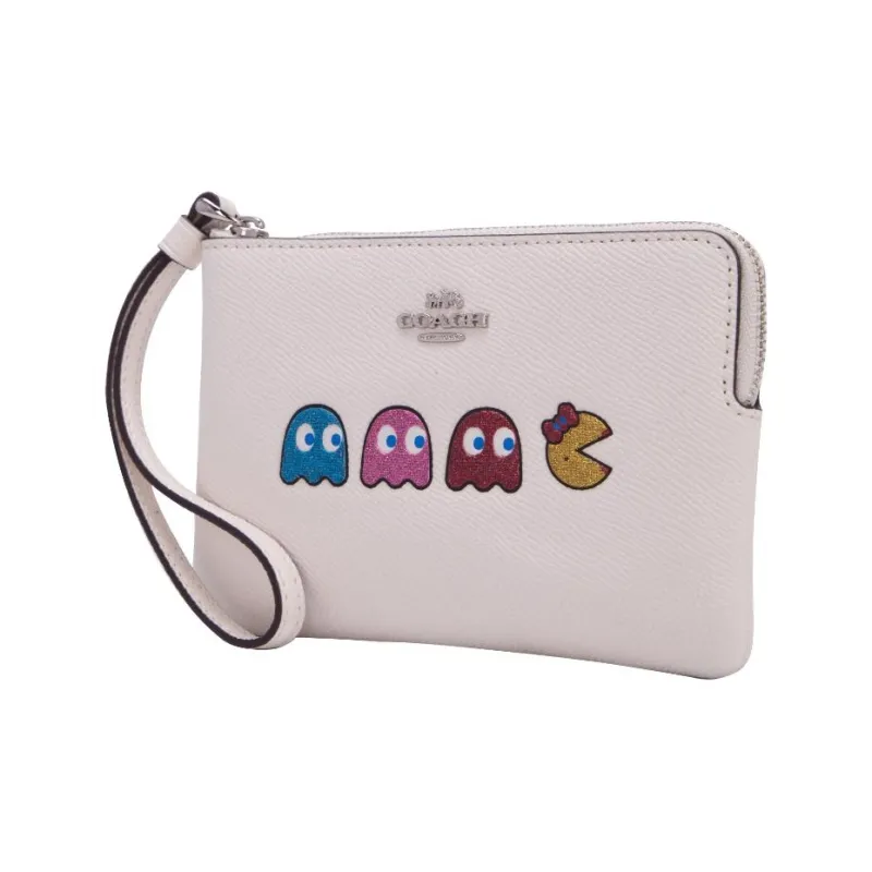 COACH Pac-Man Collaboration Corner Zip Leather Wrist Bags Clutches Small Size Women's Chalk White-4
