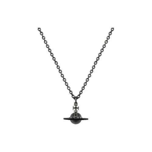 Vivienne Westwood Ruthenium, Enamel, Zircon, Diamond Saturn Globe Black Ceramic Enamel Track Necklace Unisex Black