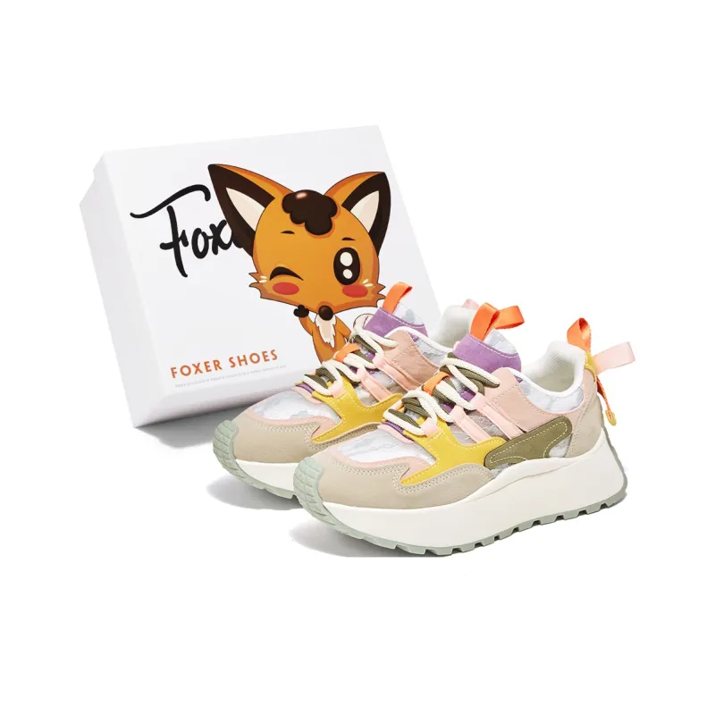 FOXER Cushioning Abrasion Resistant Lightweight Height Increasing Mat Low Top Chunky Sneakers Women's Beige/Pink/Yellow-0