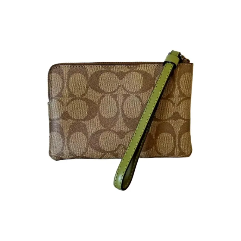 COACH Corner Zip Signature Coated Canvas With Twill Leather Clutch Wrist Bag Small Size Women's Khaki & Olive Green-3