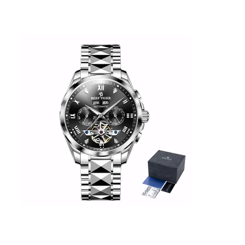 REEF TIGER Automatic Mechanical Movement Tungsten Steel Strap Watch Men's Watches Silver Dial-6