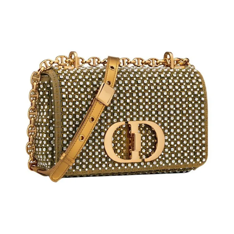 DIOR Caro Embroidered With Rhinestones One Shoulder Handbags Small Size Women's Gold-2