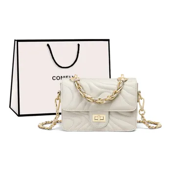 COMELY Cow Leather Patchwork Synthetic Leather Small Square Bag Shoulder Bag Crossbody Bag Regular Women's Ecru