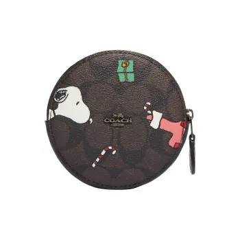 COACH Peanuts Snoopy Collaboration Canvas With Leather Coin Purse Women's Brown & Black