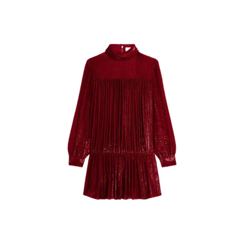 CELINE Gathered Mini Dress In Flowing Velvet Lamé Rouge Theatre Long Sleeved Dress Women's Red