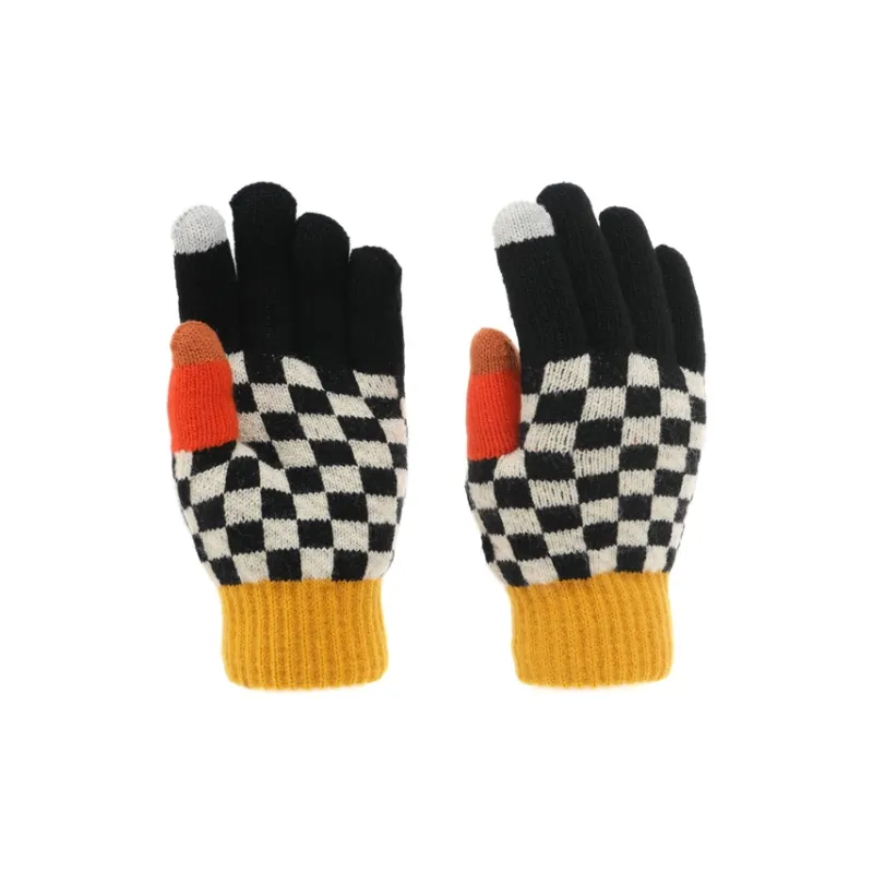 FREE RABBITⅡ Touchscreen Knitted Fabric Yarn Double Layer Korean Style Checkerboard Knit Gloves Unisex-1