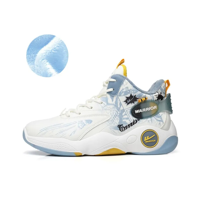 Warrior Cushioning Anti-Slip Wear-Resistant Height Increasing Warm High-Top Basketball Shoes Men's White Blue-1