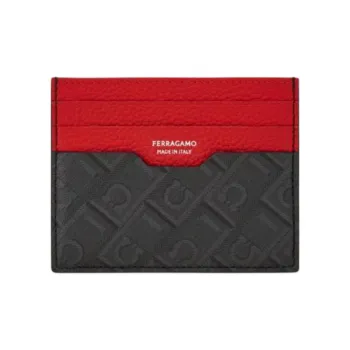 FERRAGAMO Cow Leather Card Holder Unisex Gray & Red