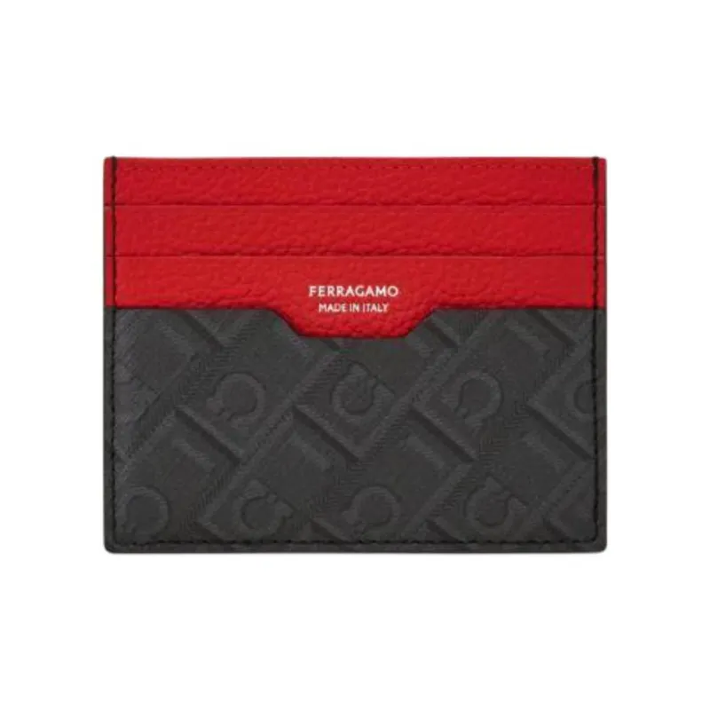 FERRAGAMO Cow Leather Card Holder Unisex Gray & Red-0