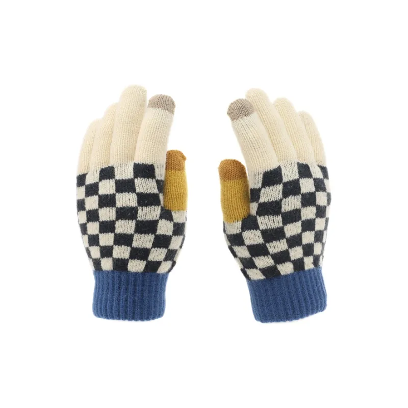 FREE RABBITⅡ Touchscreen Knitted Fabric Yarn Double Layer Korean Style Checkerboard Knit Gloves Unisex-5