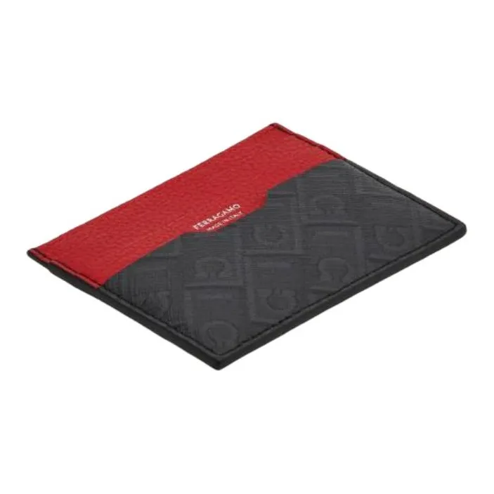 FERRAGAMO Cow Leather Card Holder Unisex Gray & Red-1