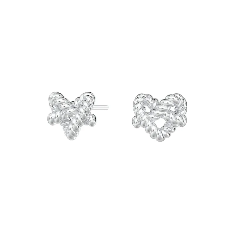 Mistova JEWELRY White Gold Plated S925 Silver Heart Tie Up Knot Stud Earrings Unisex-3
