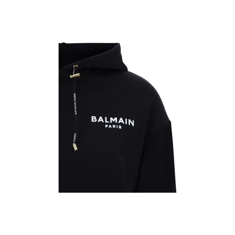 BALMAIN Flocked Logo Drawstring Cropped Hoodie-4