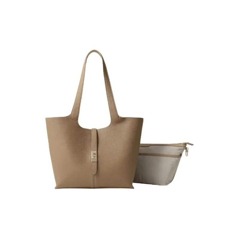 FION Cow Leather Tote Bag Shopping Bag Handbag Shoulder Bag Large Size Women's Cream Apricot-1