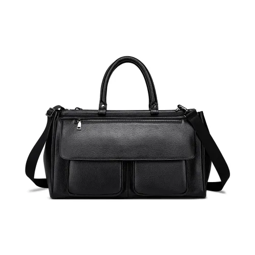 FAIRWHALE Top Grain Cow Leather Travel Bag 32L Unisex Black