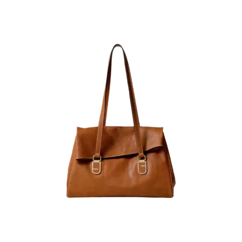 FION Cow Leather Tote Bag Shopping Bag Handbag Shoulder Bag Large Size Women's Classic Black/Caramel Brown-6