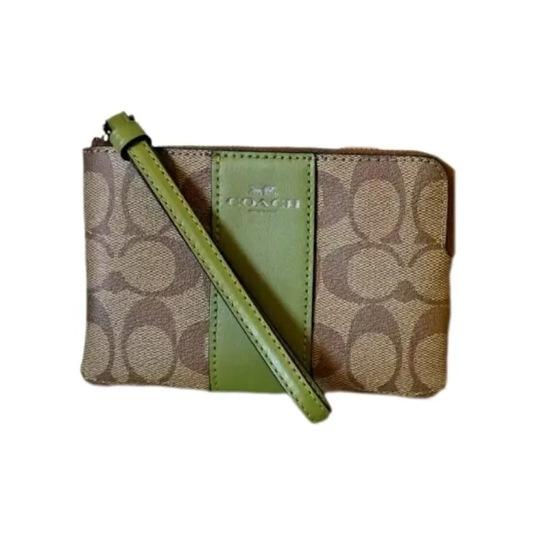 COACH Corner Zip Signature Coated Canvas With Twill Leather Clutch Wrist Bag Small Size Women's Khaki & Olive Green-2