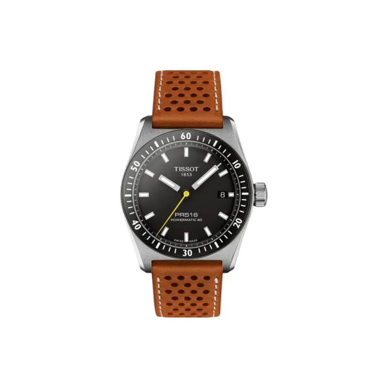 TISSOT PR516 Series Automatic Mechanical Movement Unisex Watch 38mm Black Dial Stainless Steel Case Leather Strap-0
