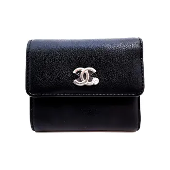 CHANEL Goatskin Wallet Women's Black