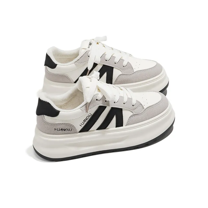HUANQIU Warm Slip Resistant Height Increasing Low Top Skateboard Shoes Women's Beige Black-3