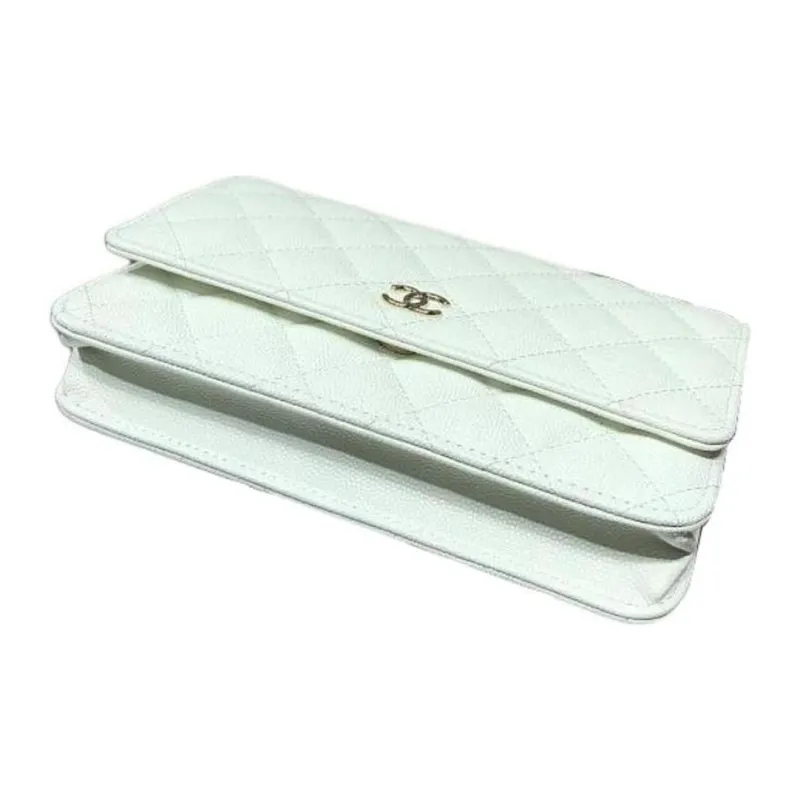 CHANEL WOC Embossed Grain Cow Leather Wallet On Chain Shoulder Bag, Crossbody Bag Mini Women's White-2