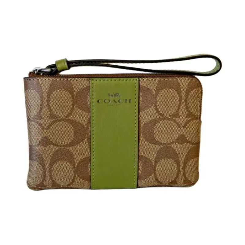 COACH Corner Zip Signature Coated Canvas With Twill Leather Clutch Wrist Bag Small Size Women's Khaki & Olive Green-1