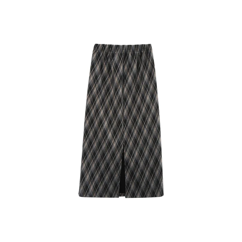 A Paradise For Awakening Casual Long Skirts Women's Black Plaid-1