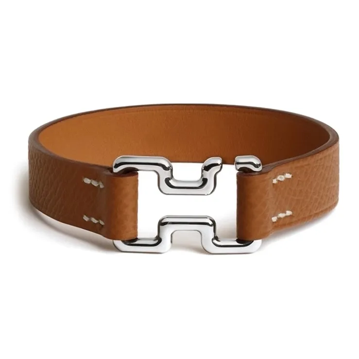 HERMES Leather Stainless Steel Bracelets Men's Brown-0