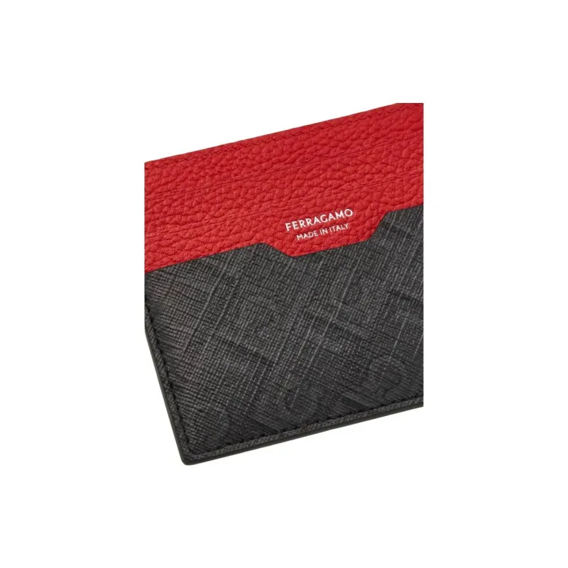 FERRAGAMO Cow Leather Card Holder Unisex Gray & Red-3