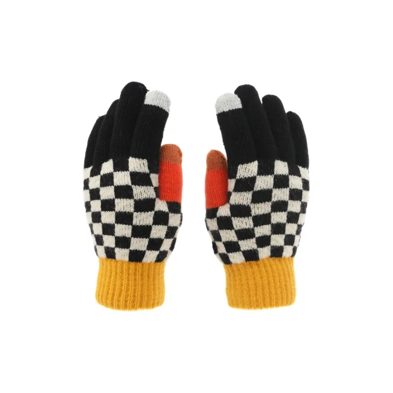 FREE RABBITⅡ Touchscreen Knitted Fabric Yarn Double Layer Korean Style Checkerboard Knit Gloves Unisex-2