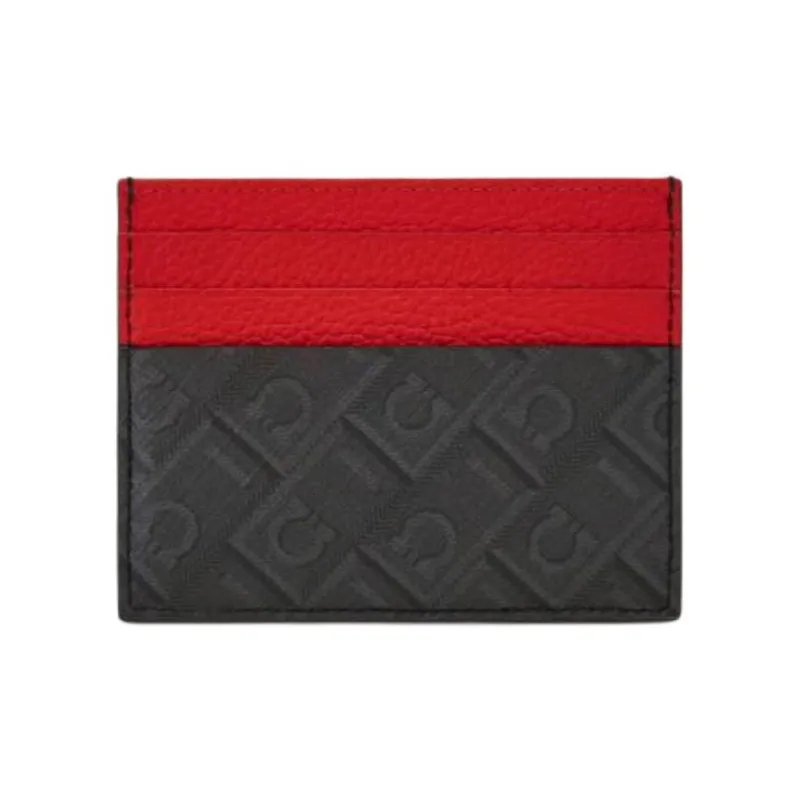 FERRAGAMO Cow Leather Card Holder Unisex Gray & Red-2