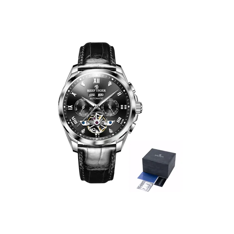 REEF TIGER Automatic Mechanical Movement Leather Watch Bands Watch Men's Watches White Dial-4