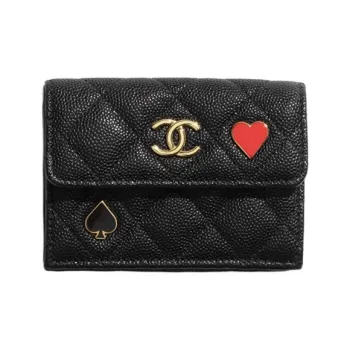 CHANEL 23C Early Spring Embossed Calfskin With Gold Metal Pocket Cover Wallet Small Size Women's Black