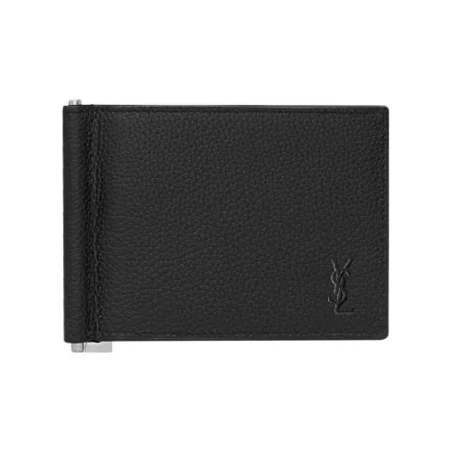 SAINT LAURENT CASSANDRE Grained Leather Cash Ticket Clip Wallet Men's Black