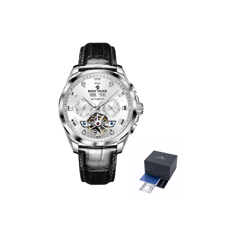 REEF TIGER Automatic Mechanical Movement Leather Watch Bands Watch Men's Watches White Dial-1