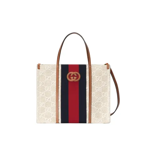 GUCCI Leather Tote Bag Shopping Bag Shoulder Bag Crossbody Bag Handbag Medium Size Women's Beige With Ivory