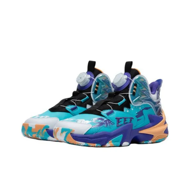 QIAODAN Cushioning Wear Resistant Mid Top Children's Basketball Shoes Blue Orange Teenagers-1