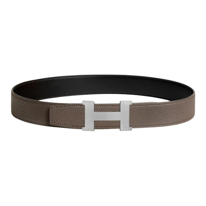 HERMES Calfskin Leather Belts Men's Black/Tin Gray Width 3.8cm-1
