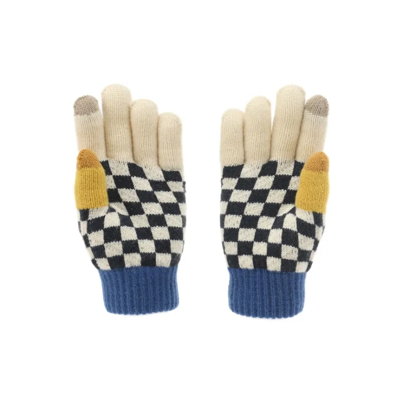 FREE RABBITⅡ Touchscreen Knitted Fabric Yarn Double Layer Korean Style Checkerboard Knit Gloves Unisex-3