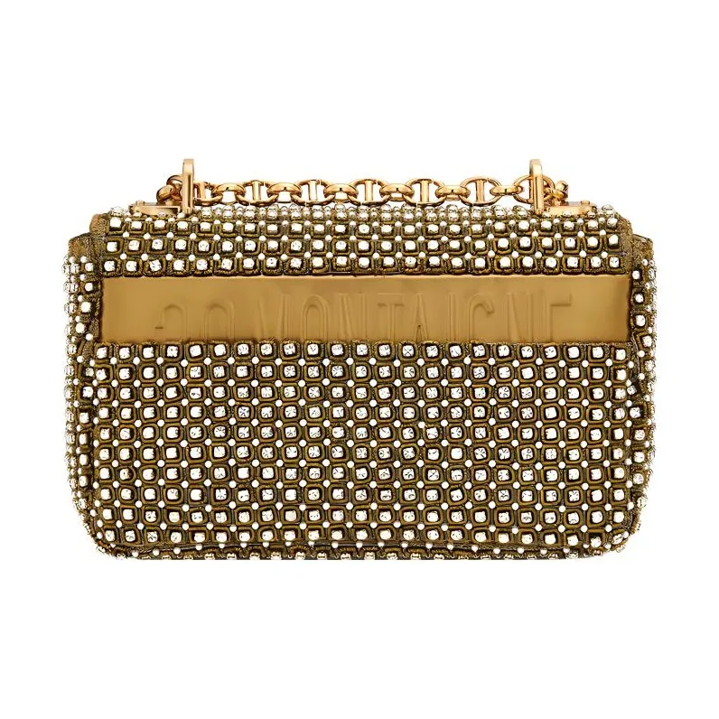 DIOR Caro Embroidered With Rhinestones One Shoulder Handbags Small Size Women's Gold-3