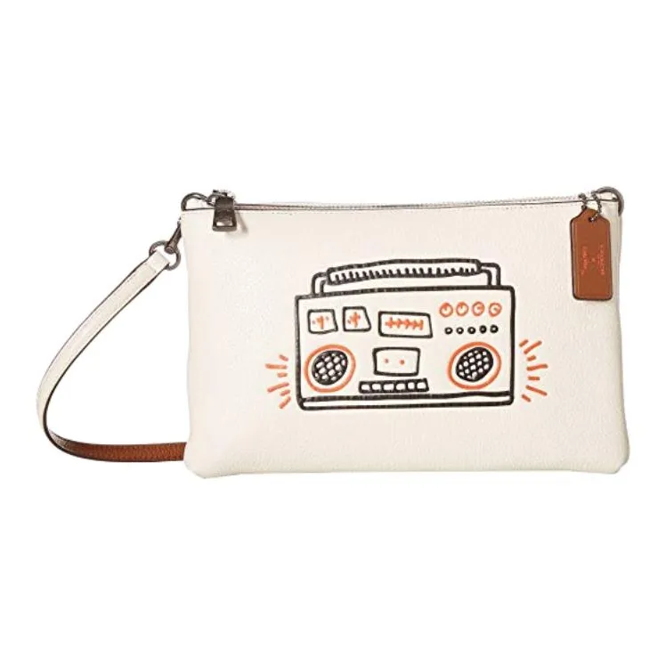 COACH Keith Haring Collaboration Lyla Glossy Pebbled Leather Crossbody Clutch Medium Size Women's White-1