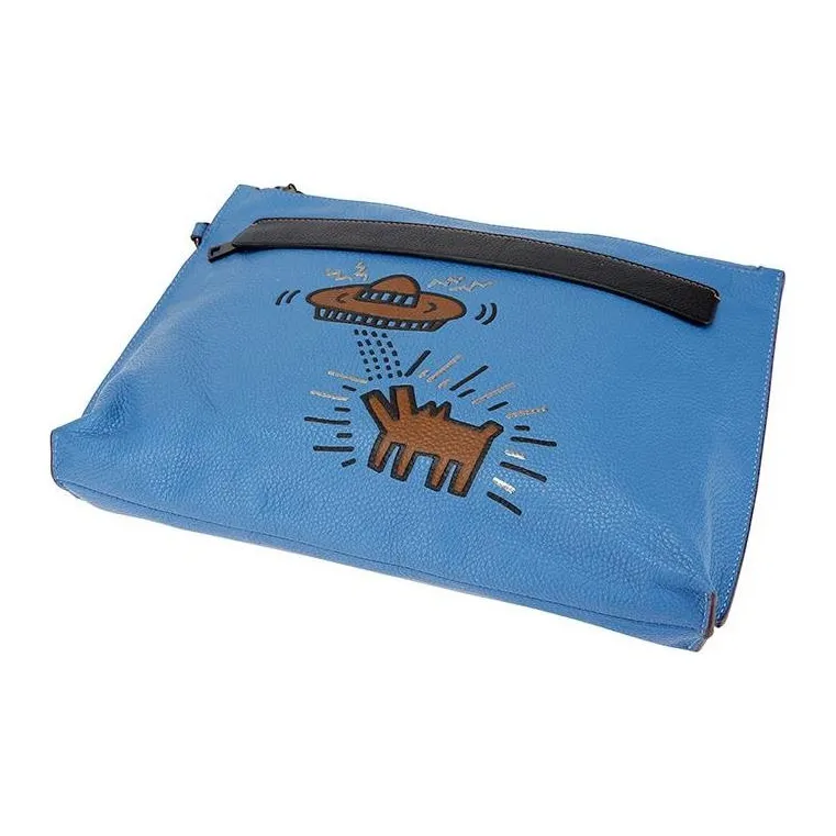 COACH Keith Haring Graffiti Collaboration Pouch Pebbled Leather Wallets Clutches Large Size Men's Lapis Lazuli Blue-1