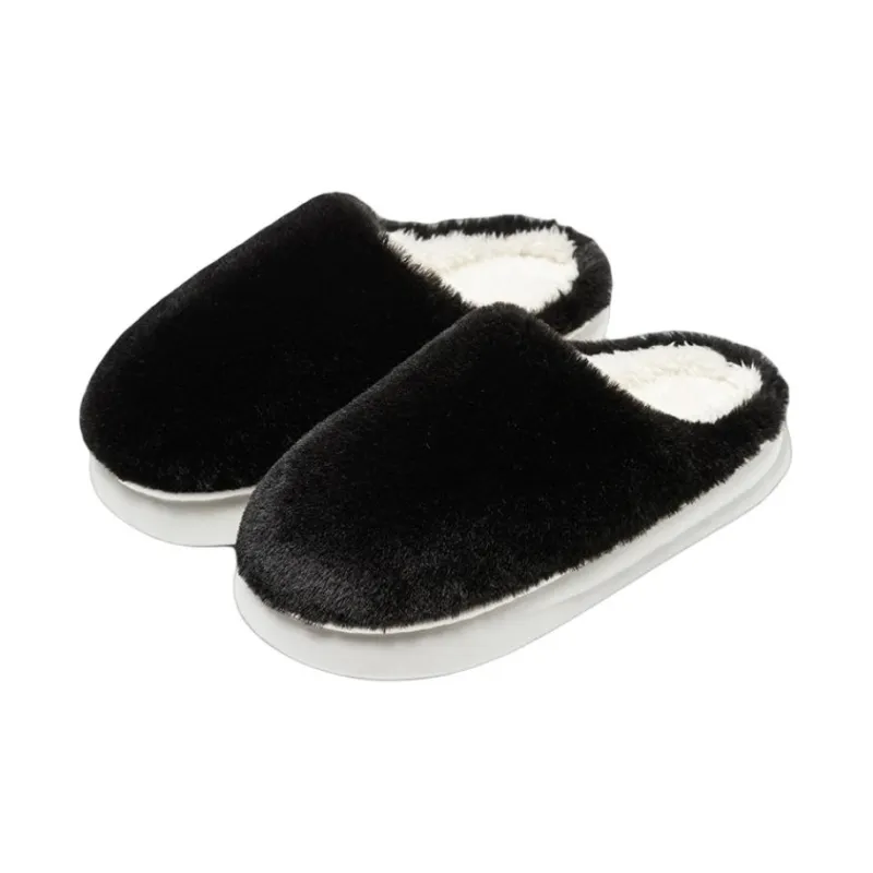 ECAC Fuzzy Slippers With Fleece Lining For Fall And Winter Slip Resistant Soft Sole Solid Color Cotton Postpartum Shoes-5
