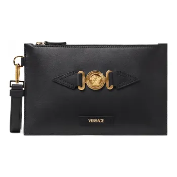 VERSACE MEDUSA BIGGIE Series Cow Leather Clutch Trumpets Men's Black & Gold