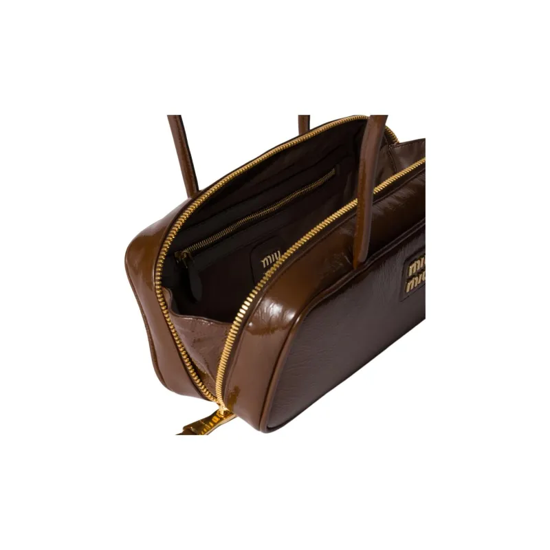 MIU MIU Naplak Lacquered Finish Sheepskin Handbag Women's Brown-7