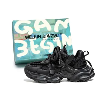 WELKIN&WZWJ Black Warrior Height Increasing Wear Resistant Slip Resistant Low Top Chunky Sneakers Men's