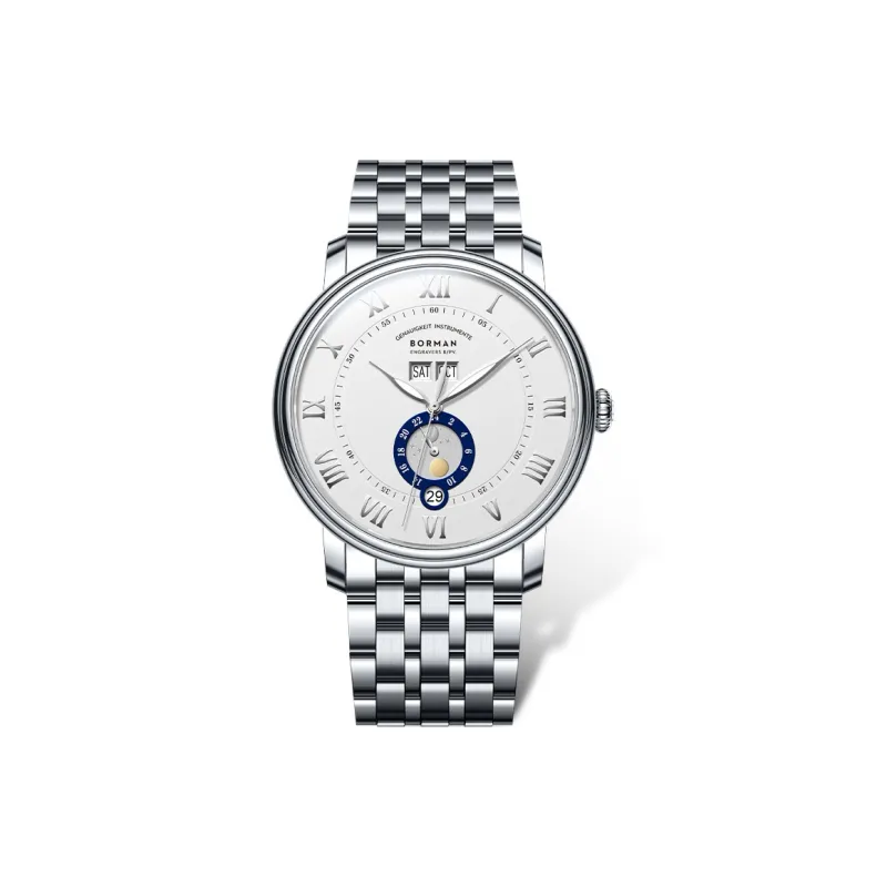 BORMAN Mechanical Movement Stainless Steel Watchband Men's Watches White Dial-0