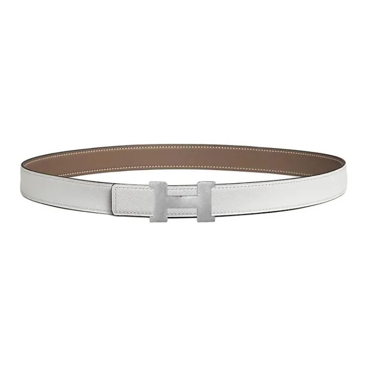 HERMES Calfskin Leather Belts Women's Taupe/White Width 2.4CM-1