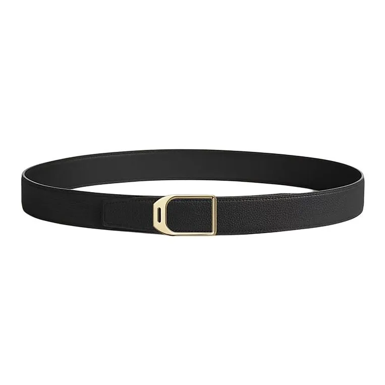HERMES Calfskin Leather Belts Men's Black Width  3.2CM-1