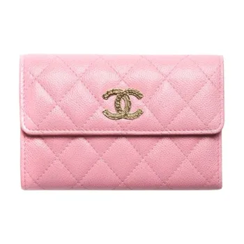 CHANEL 22K Autumn And Winter Embossed Calfskin With Gold Metal Wallet Women's Light Pink Red